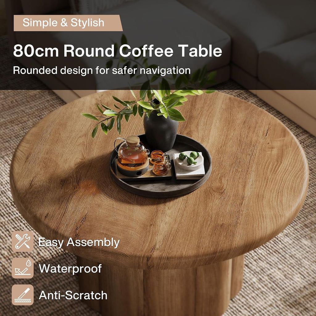 Tribesigns 31.5" Round Coffee Table for Living Room, Farmhouse Circle Center Cocktail Table with Fluted Drum Base, Wooden Living Room Furniture for Apartment, Small Space, Brown