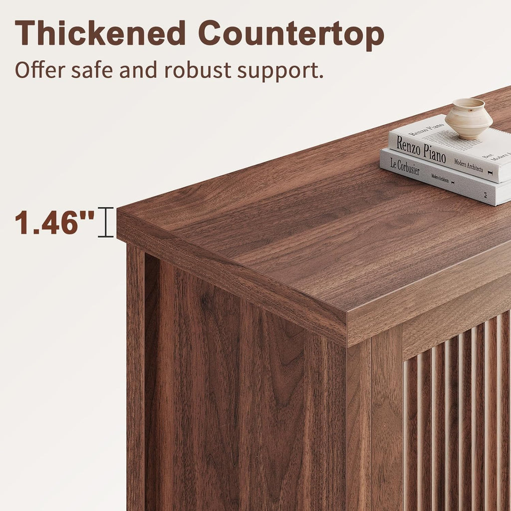 Memobarco Fluted Buffet Cabinet with Storage Accent Sideboard,Modern Credenza with 4 Doors & Adjustable Shelves,Wood Coffee Bar Table Console for Dining Room Kitchen Living Room Entryway, Walnut