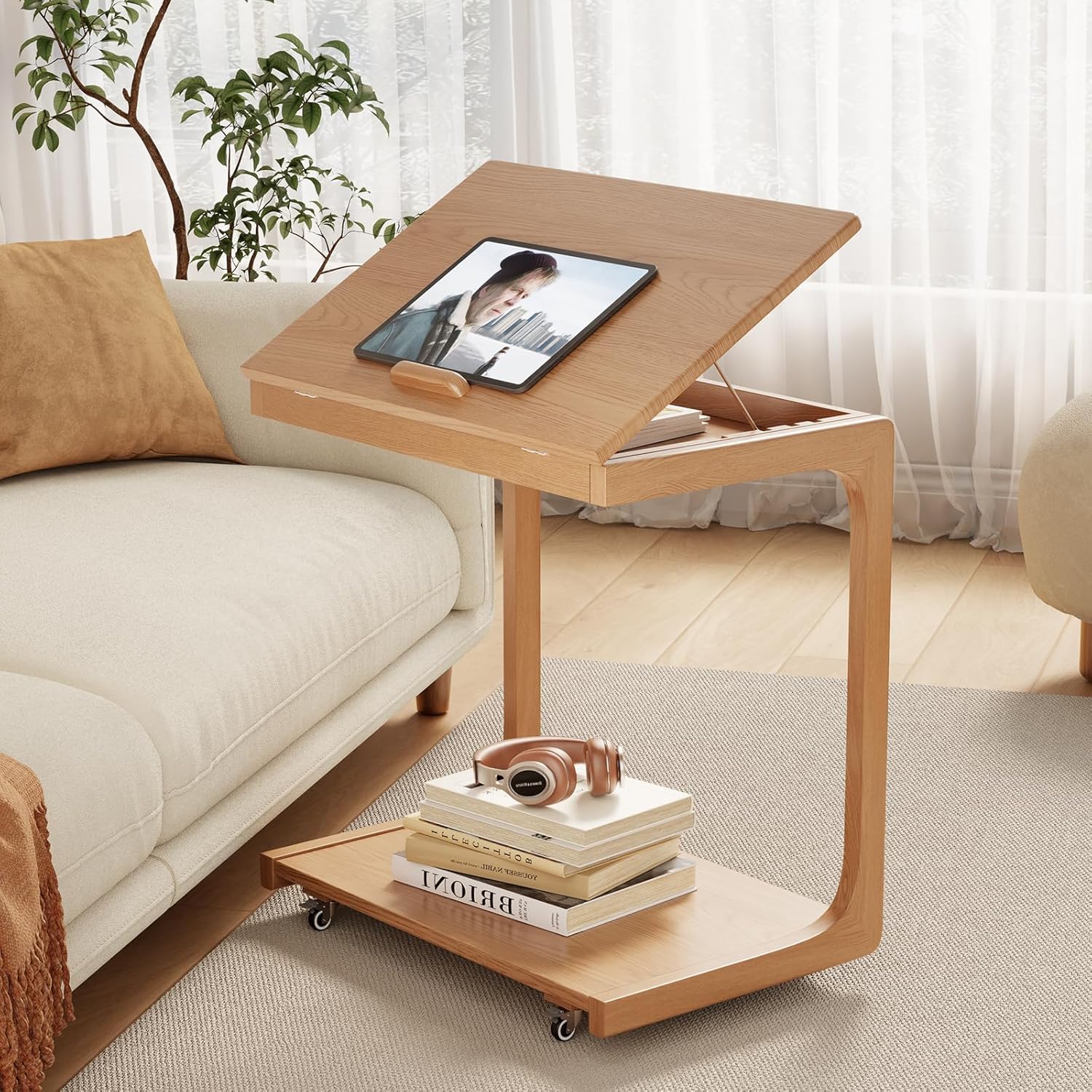 AQIMUELE Wooden C-Shaped End Table,Couch Table with Adjustable Desktop,Small Rolling Side Table with 2 Lockable Wheels 23.6" Width,Small End Table for Couch, Living Room,Bedroom (Natural)