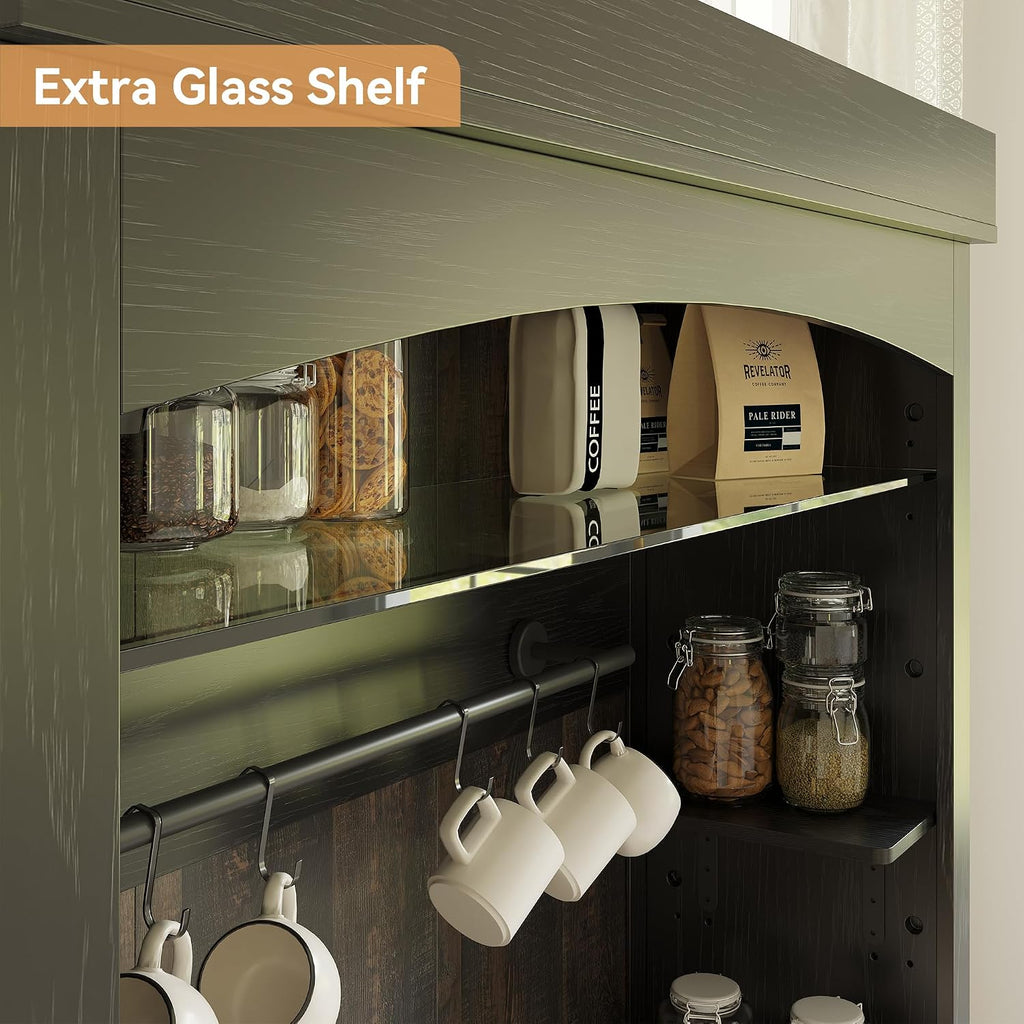 Takywep Tall Coffee Hutch with LED Lights Tall CoffeeBar Cabinet Farmhouse Buffet Cabinet with Storage Kitchen Sideboard with Microwave Stand/Wine Rack/Glass Shelf