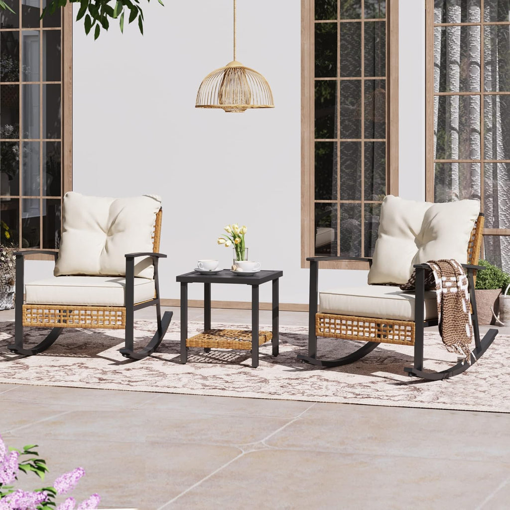 LAUSAINT HOME 3-Piece Rocking Bistro Set, Outdoor Patio Furniture with Thick Cushions and 2-Tier Coffee Table, Oversize Rattan Conversation Set for Garden, Balcony, Backyard (Beige)