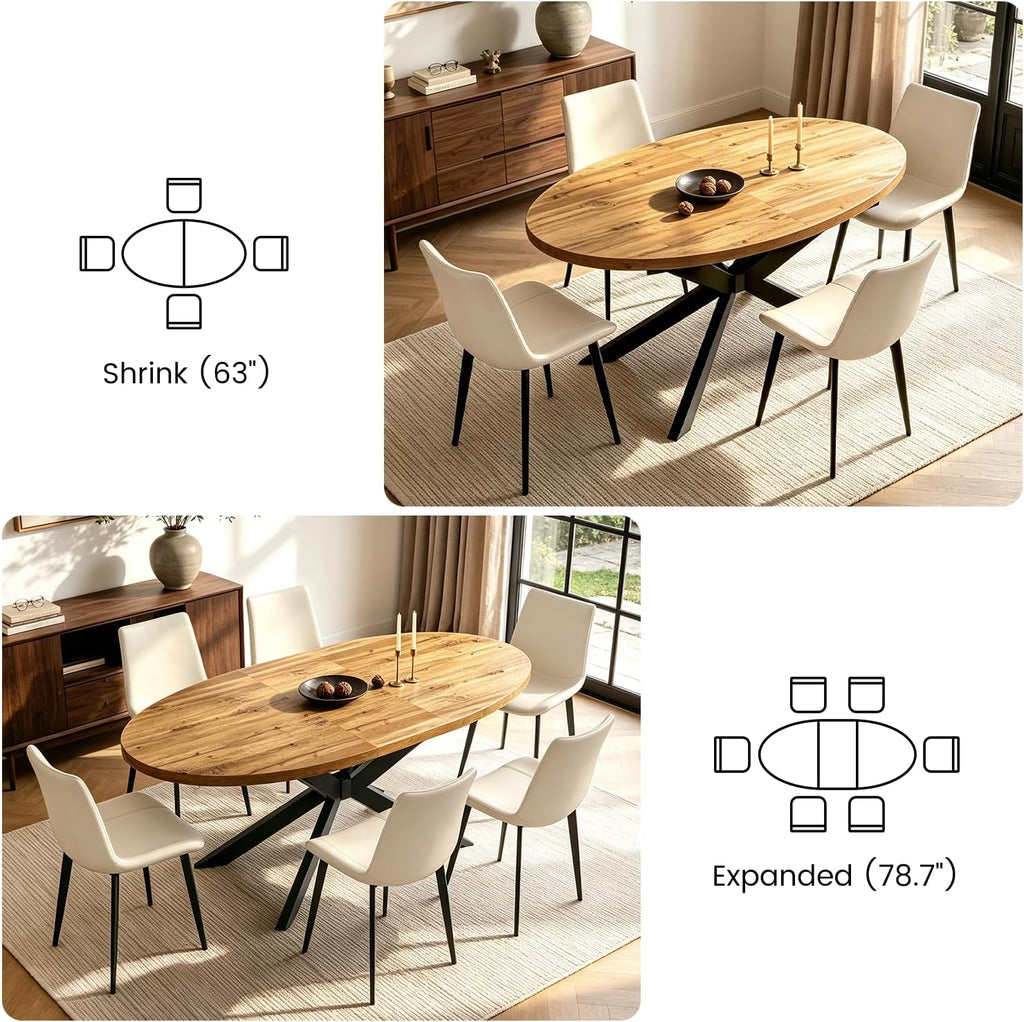 63"-78.7" Extendable Oval Dining Table Set for 4 | 5 Piece Large Round Walnut Table Set, 4 Beige PU Dining Chairs, Living Room, Kitchen, Space Saving, Mid Century Modern