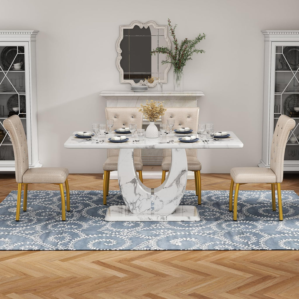 Modern Faux Marble Dining Table Set for 4, 63" White Rectangular Kitchen Table with Elegant U-Shaped Pedestal Base & 4 Tufted Upholstered High-Back Chairs, Luxury 7-Piece Dining Room Furniture Set
