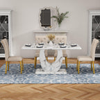 Modern Faux Marble Dining Table Set for 4, 63" White Rectangular Kitchen Table with Elegant U-Shaped Pedestal Base & 4 Tufted Upholstered High-Back Chairs, Luxury 7-Piece Dining Room Furniture Set