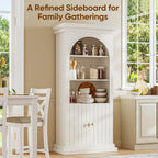 71" Arched Kitchen Modern Pantry Storage Cabinet, Tall Display Cabinet for Dining Room and Living Room with 1 Glass Door and 1 Open Shelf Cabinet with Drawers, White with Gold Handles, 2 of Set