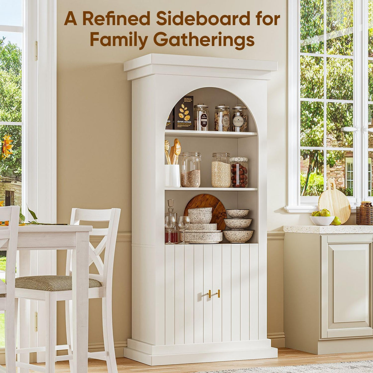 ivaniti 71" Arched Kitchen Pantry Cabinet, Tall Display Modern Storage Combination for Living Room and Dining Room with Dual Glass Door and Open Shelf Cabinets, White with Gold Handles, 3 of Set
