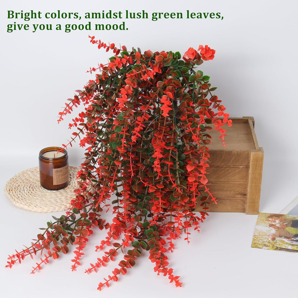 RECUTMS Artificial Monkey Hanging Plant Fake Artificial Eucalyptus Leaf Plants Faux UV Resistant Artificial Plants for Indoor Wall Room Decoration Home Backgarden Yard Porch Outdoor Decor(Orange)
