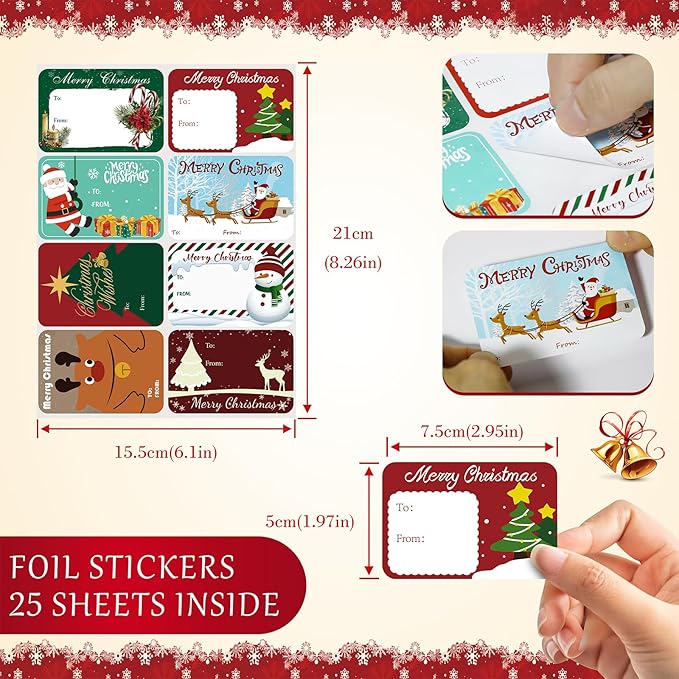 200PCS Christmas Gift Tag Stickers, Xmas Self Adhesive Name Tags Labels, Christmas Stickers for Cards Crafts Gift (1.97 x 2.95 in, 8 Styles)