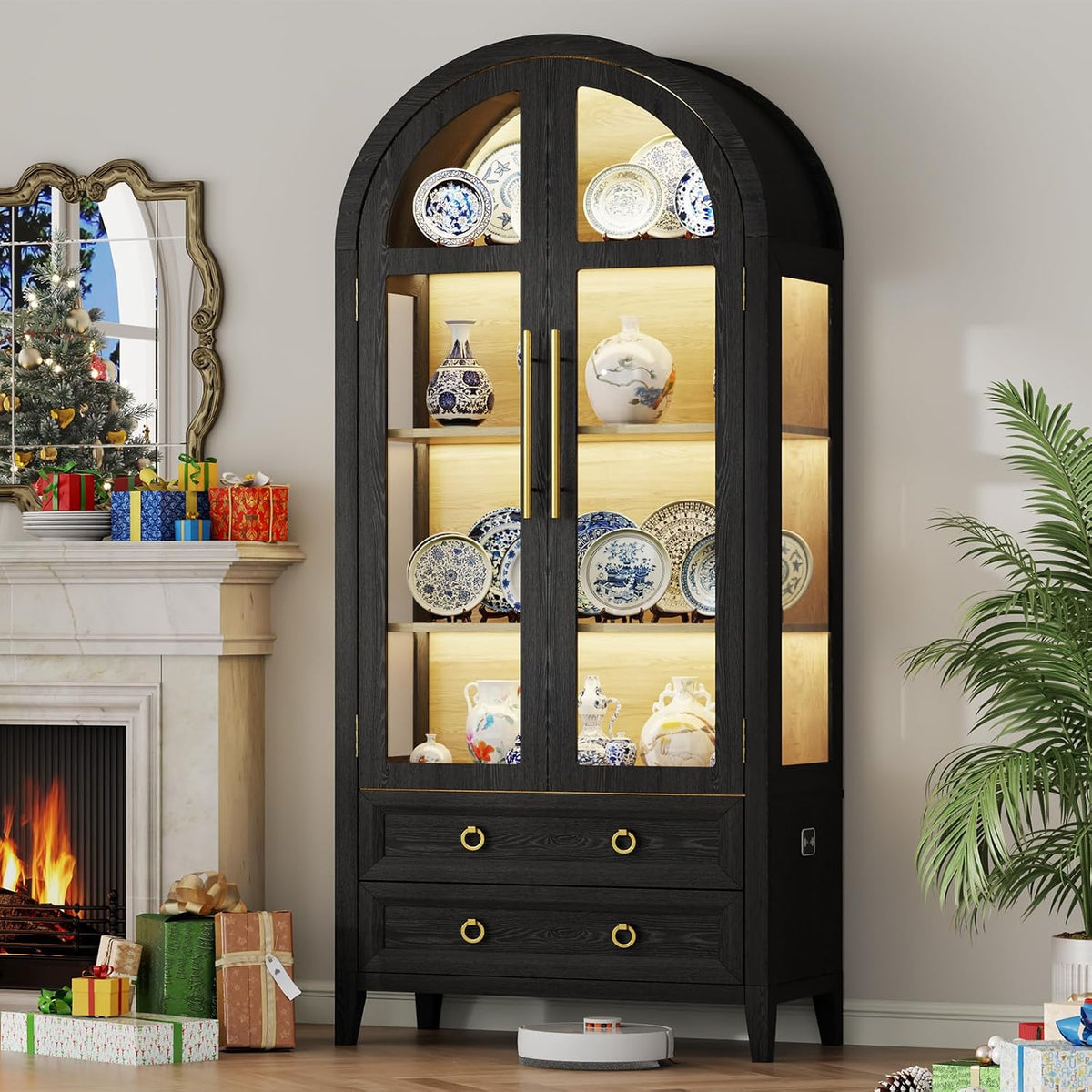 Vlsrka 71" Arched Curio Cabinet with Glass Doors, 4-Shelves Display Cabinet and 2 Drawers, Display Case with 3 Color Lights, Tall Bookcase, Kitchen Pantry, Black+Wood