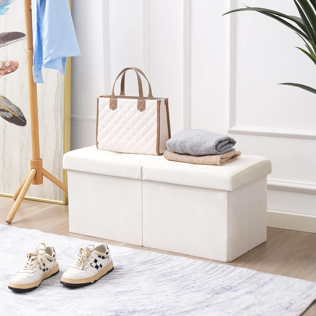 Storage Ottoman Bench Foldable Seat Footrest Shoe Bench End of Bed Storage with Flipping Lid, 75L Storage Space, 30 inches Velvet Cream