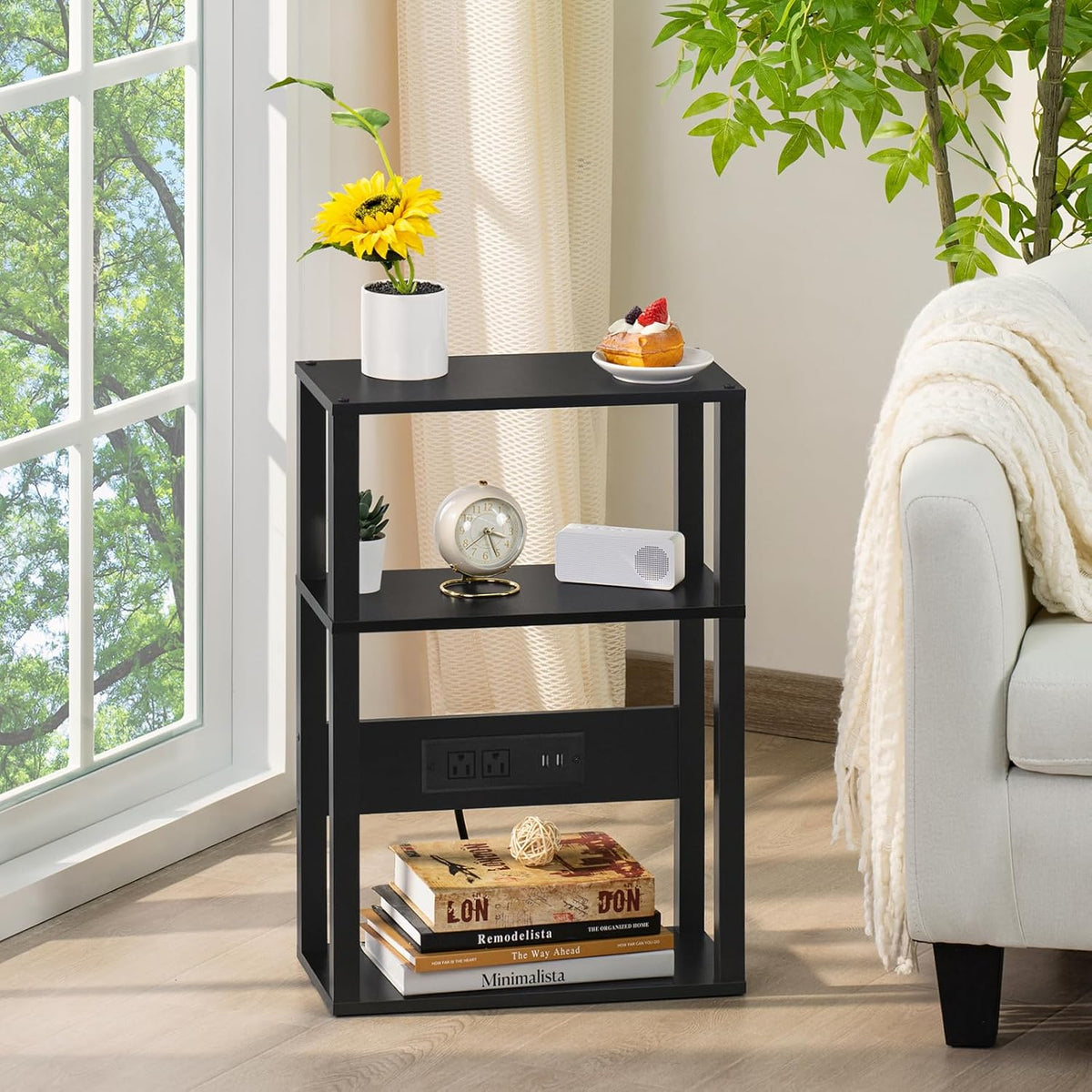 YUFAM 3-Tier Narrow Bedside Table Set 2 for Small Spaces, Skinny Nightstand | Thin Side Table with Charging Station, Slim End Table with USB & Outlets, Easy Assembly for Couch, Living Room, Bedroom,Black