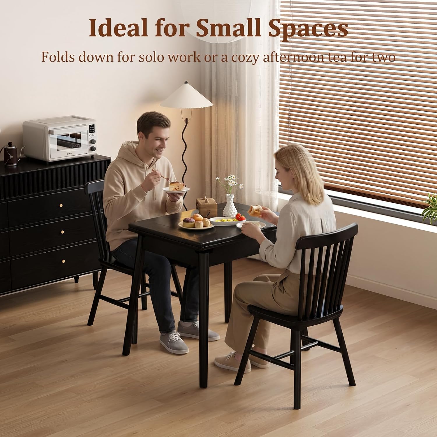 Solid Wood Small Dining Table, 23.6"L-47.2"L Expandable Kitchen Table for 2-6, Designed for Small Spaces, Easy Assembly, Suitable for Kitchen, Dining Room, Living Room, Apartment (Black)