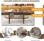 MAT EXPERT Rattan Coffee Table, 2 Tier Boho Oval Living Room Table w/Glass Tabletop Wood Frame & Storage Shelf, 40’’L Mid Century Modern Tea Table, Center Table for Living Room Home Office, Brown