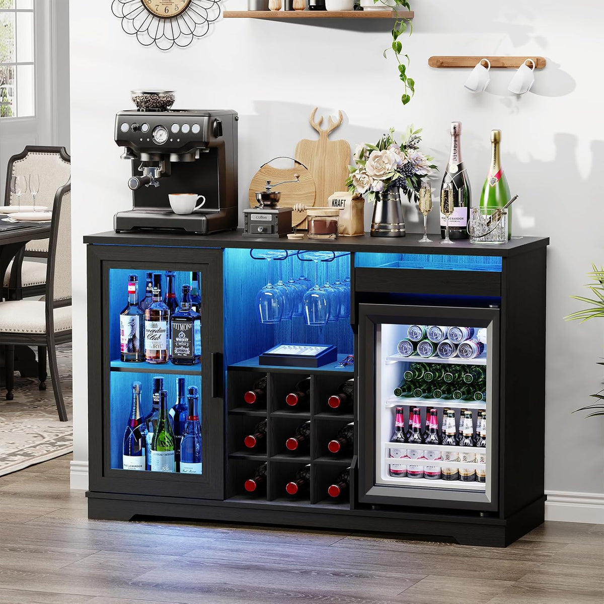 BROTTAR Large Coffee Bar Cabinet with Fridge (Fridge Included) | Liquor Wine Bar Cabinet with LED Lights, Glass Holder, Wine Rack, Human Body Sensor, Buffet Sideboard for Home, Black