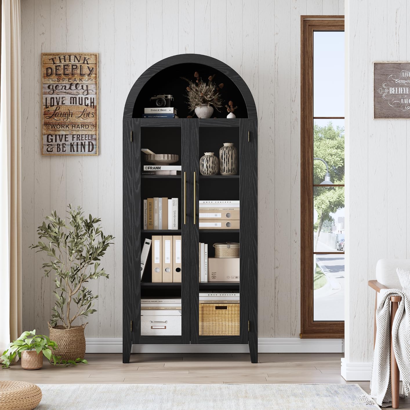 IDEALHOUSE Arched Kitchen Pantry Cabinet with Glass Doors, 5-Tier Farmhouse Display Cabinet with Adjustable Shelves, Versatile Storage Cupboard Organizer for Bathroom, Dining Room, Living Room, Black