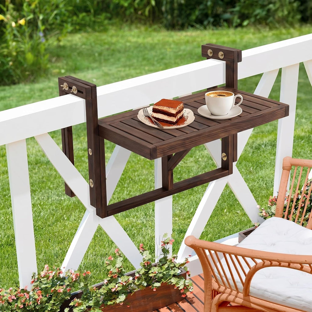 VINGLI 22in Acacia Wood Folding Balcony Hanging Table – Adjustable Height & Width, Balcony Railing Table Ideal for Different Railing Widths, Perfect for Balcony, Patio, Rectangular,Carbonized Color