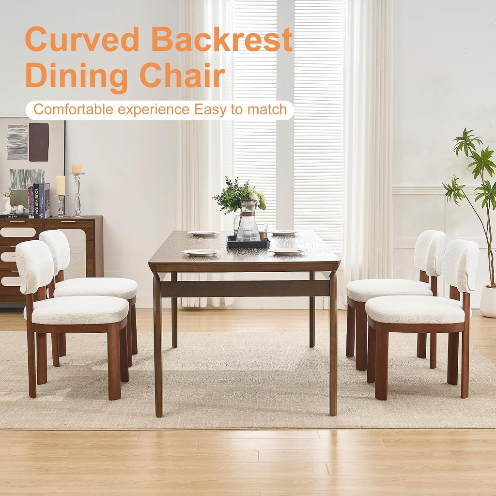 Dining Chairs Set of 2, Teddy Teddy Upholstered Kitchen Chairs with Curved Backrest and Solid Wood Legs, Farmhouse Side Chairs for Restaurant Cafe Living Room (White+Brown Legs)