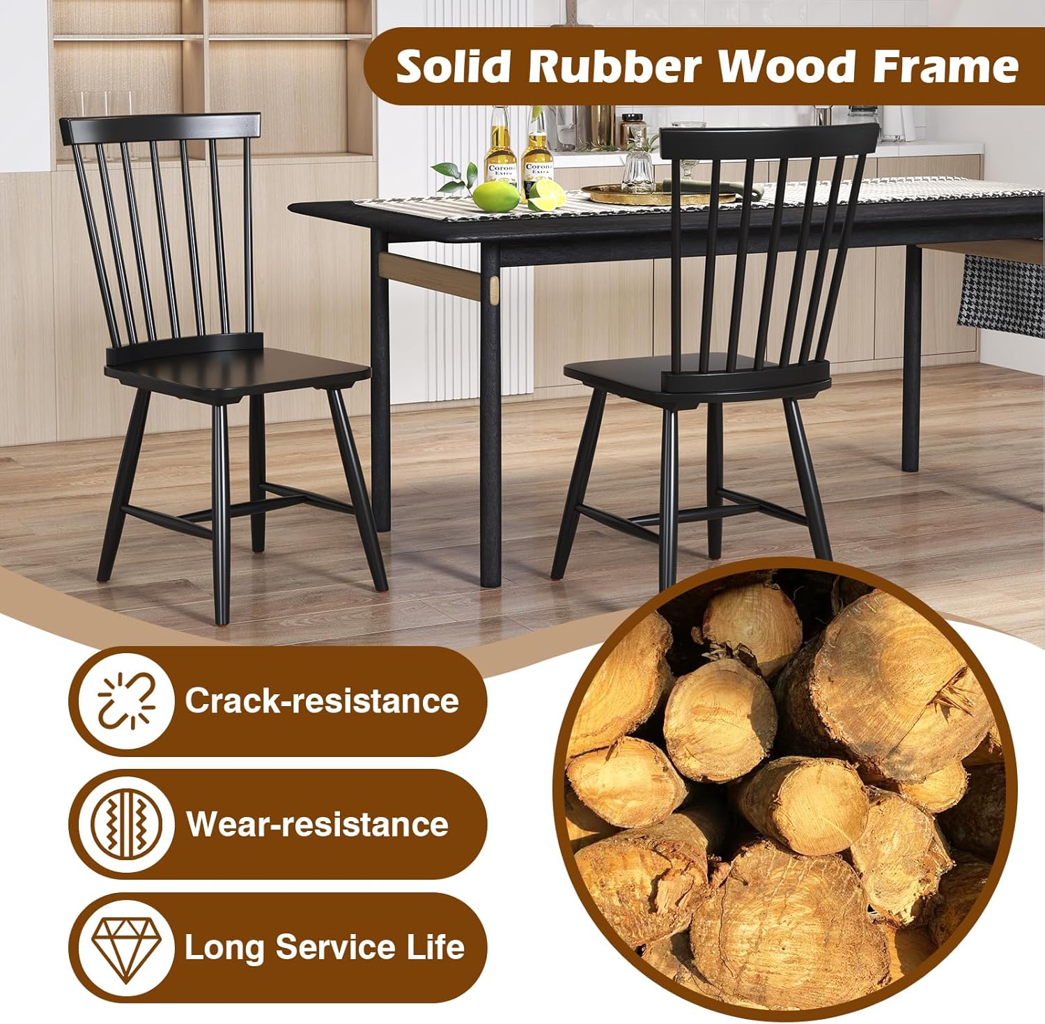 KOTEK Windsor Dining Chairs Set of 4, Wooden Kitchen Chairs with Spindle Back & Wide Seat, 400 LBS Weight Capacity, Armless Side Chairs for Dining Room, Living Room