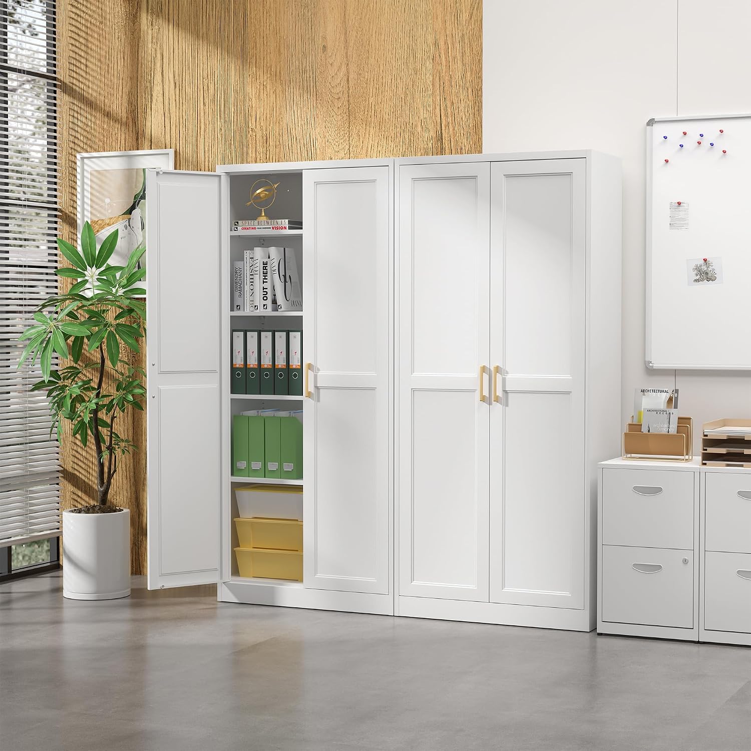 Steeloong 71"Metal Pantry Storage Cabinet with Doors & 4 Adjustable Shelves | Kitchen Pantry Cabinet,White Kitchen Cabinet with 2 Gold Handles,Tall Cabinet for Livingroom,Pantry, Bathroom,Kitchen