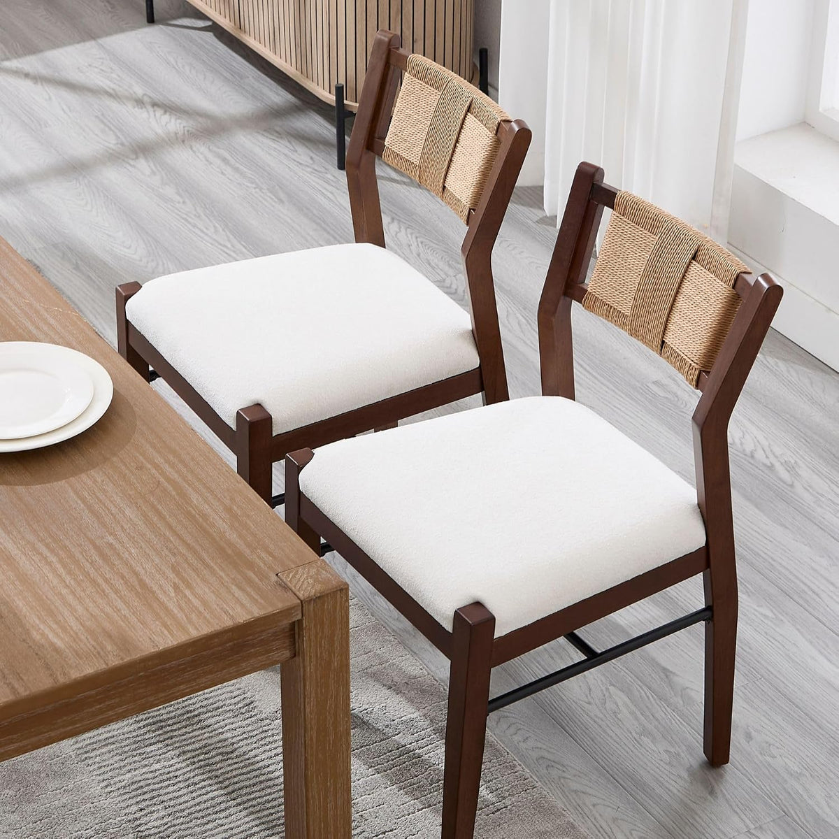 BESTANO Modern Armless Dining Chairs with Rope Woven Back Set of 2, White Upholstered Kitchen & Dining Room Chairs, Mid-Century Classic Farmhouse Wooden Side Chair