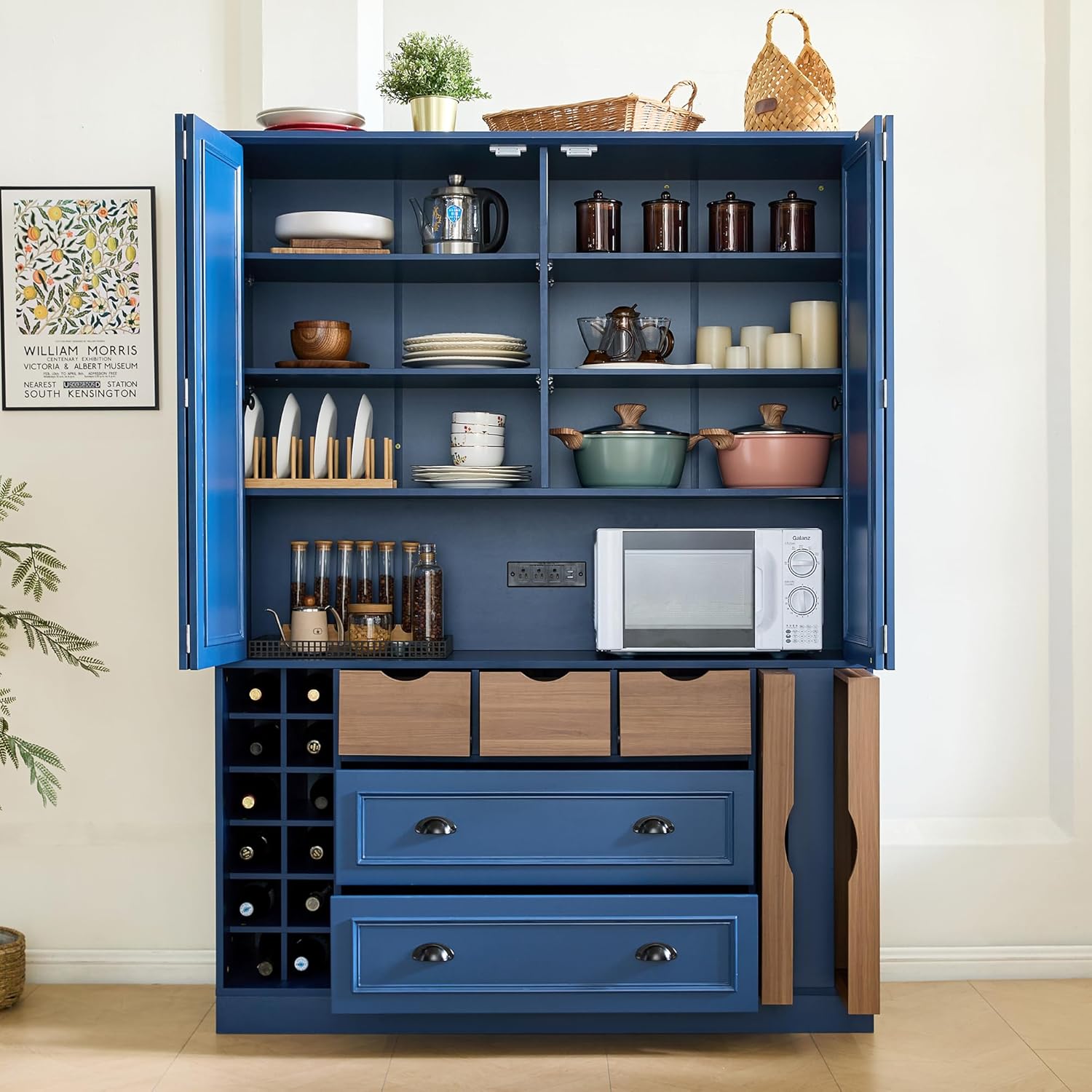 Polibi Farmhouse 71" Large Kitchen Pantry Cabinet with 4 Foldable Doors, Power Outlet, Wine Racks, Serving Trays, Adjustable Shelves & Drawers, for Dining Room Storage, Blue