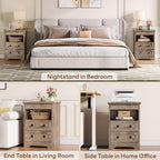 LIKIMIO Nightstand Set of 2, Night Stand with Pull Out Tray, Wooden Bedside Table with 2 Drawers and Open Shelf, Side Table for Bedroom, Grey