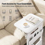 HLDIRECT C Shaped End Table with Charging Station, Couch Side Table with Storage Bag, Foldable TV Tray with 2 USB Ports and Outlets for Living Room, Bedroom, White