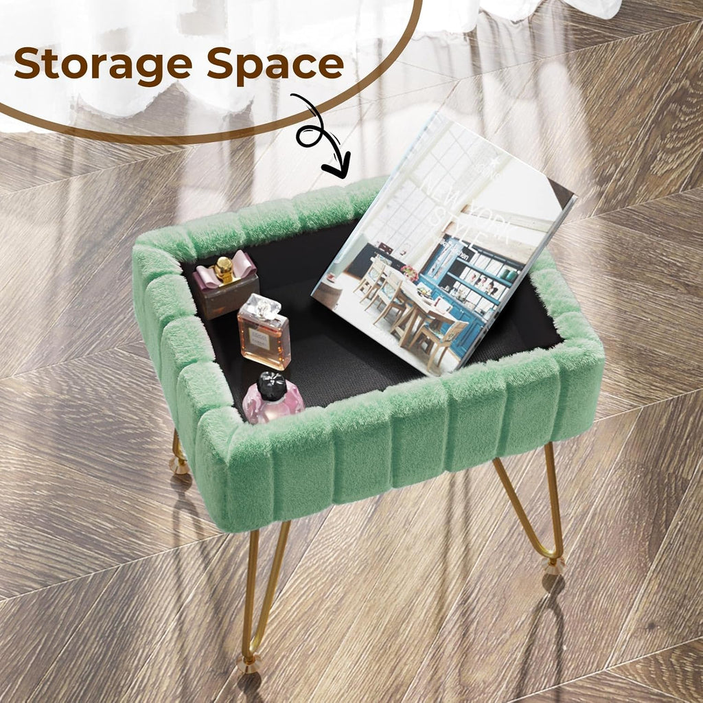Greenstell Vanity Stool Chair Faux Fur with Storage, 15.7"L x 11.8"W x 19.4"H Soft Ottoman 4 Metal Legs with Anti-Slip Feet, Furry Padded Seat, Modern Multifunctional Chairs for Makeup, Bedroom,Green