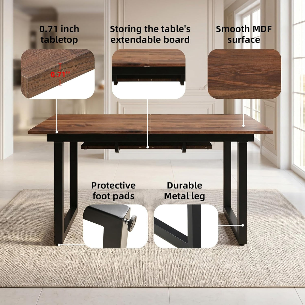 Extendable Dining Table for 4-8, 55"-71" Rectangular Kitchen Table, Modern Farmhouse Expandable Table with MDF Top, Space-Saving Wooden Table for Dining Room, Kitchen, Living Room, Office, Walnut