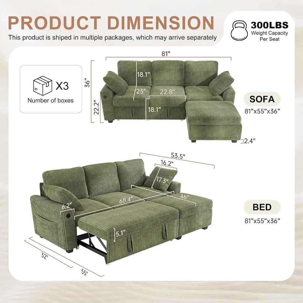Hanherry 81" Sectional Couch with Pull Out Bed,3 Seat Corduroy Sleeper Sofa with Storage Ottoman & USB Charging,Comfy L Shaped Modular Couches for Living Room,Apartment