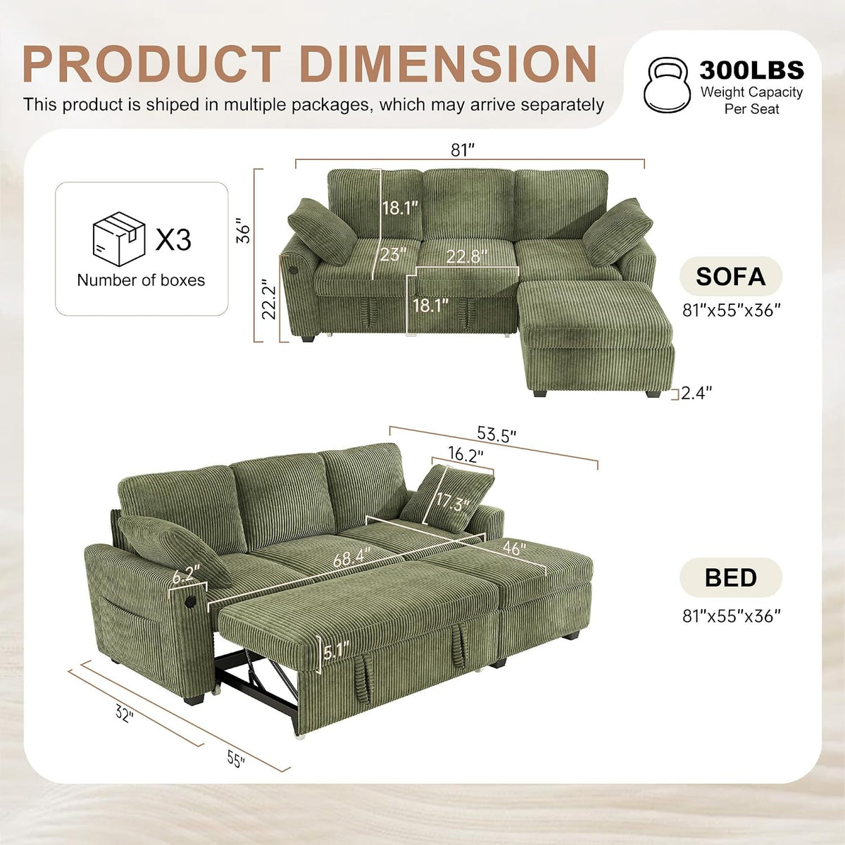Hanherry 81" Sectional Couch with Pull Out Bed,3 Seat Corduroy Sleeper Sofa with Storage Ottoman & USB Charging,Comfy L Shaped Modular Couches for Living Room,Apartment