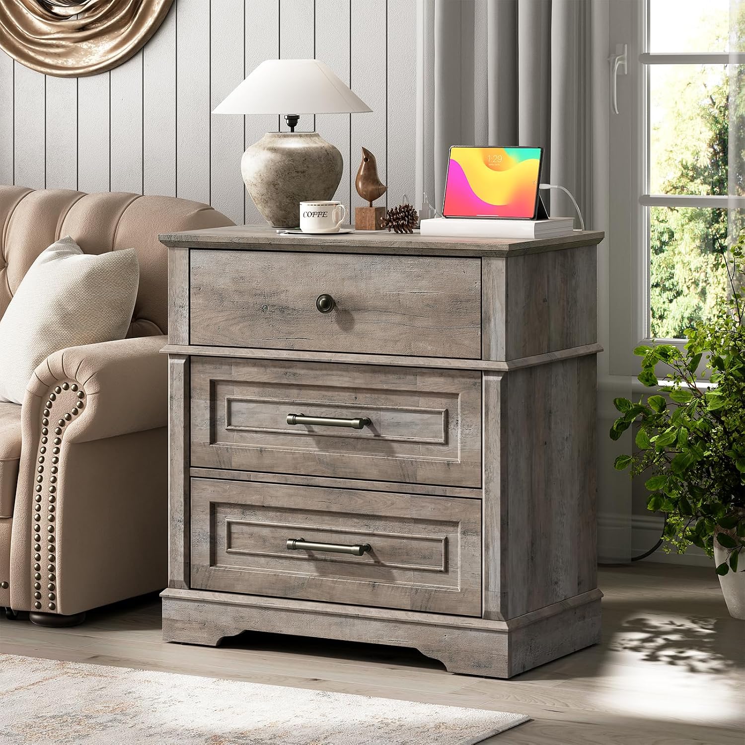 RALGEND 3 Drawer Tall Nightstand with Charging Station, Farmhouse Bedside Table, 27.6" W x 29.5" H, Wide End Table for Bedroom Living Room, End Tables with Charging Station, Greige