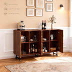 Modern Sideboard with Wave Relief Design, 59 Inch Solid Wood Storage Cabinet & Buffet with Iron Legs for Dining Room, Industrial TV Stand for Living Room, Walnut Finish (Wood + 1)