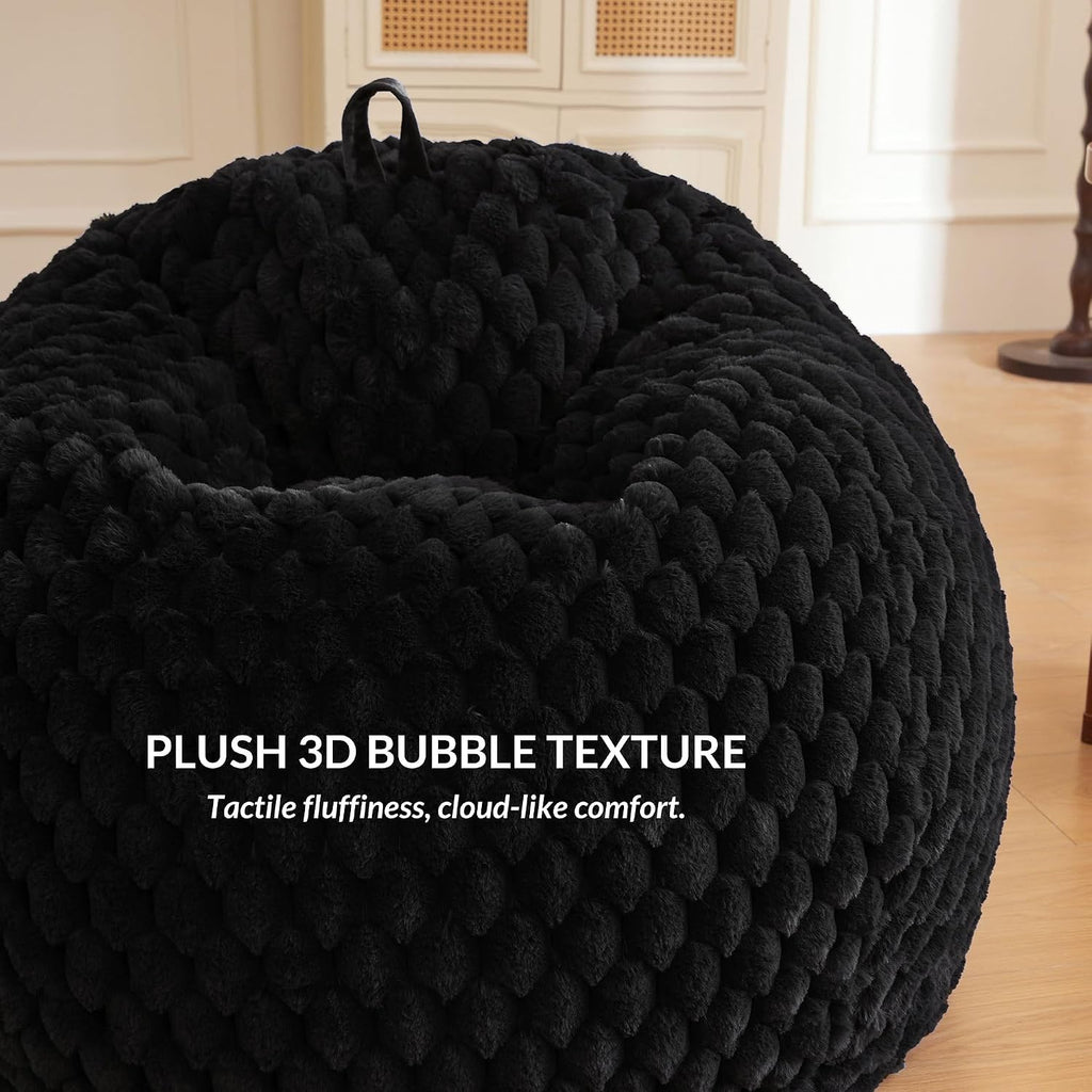 XeGe Luxury Bubble Fluffy Faux Rabbit Fur Bean Bag Cover(No Filler), Black | No-Shed, Non-Slip, Washable, Shaggy Stuffed Animal Storage Beanbag Cover for Bedroom Living Room Dorm Playroom Reading Nook