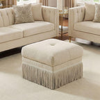 Hyfirm Brown Upholstered Ottoman Footstool with Fringe Skirt, 21.5" Square | Modern Tufted Soft Padded Footrest Cushion, Decorative Boho Tassel Vanity Accent Stool for Living Room Bedroom Entry