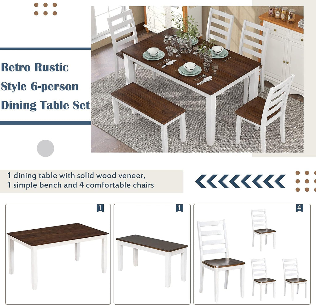 Harper & Bright Designs Rustic 6-Piece Dining Set with Table, 4 Chairs & Bench | Farmhouse Kitchen Table Set with Ergonomic Seating for Dining Room (Walnut + Cottage White)