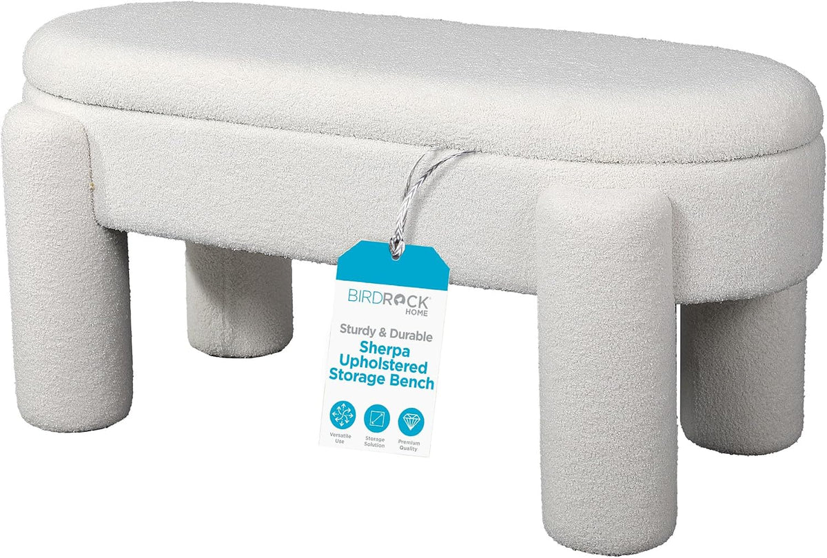 BIRDROCK HOME Sherpa Upholstered Storage Bench | Cozy Seat with Soft Sherpa Cushion, Versatile for Living Room, Bedroom, or Entryway Ottoman | Sturdy Design, 45” L x 20.5” W x 20” H