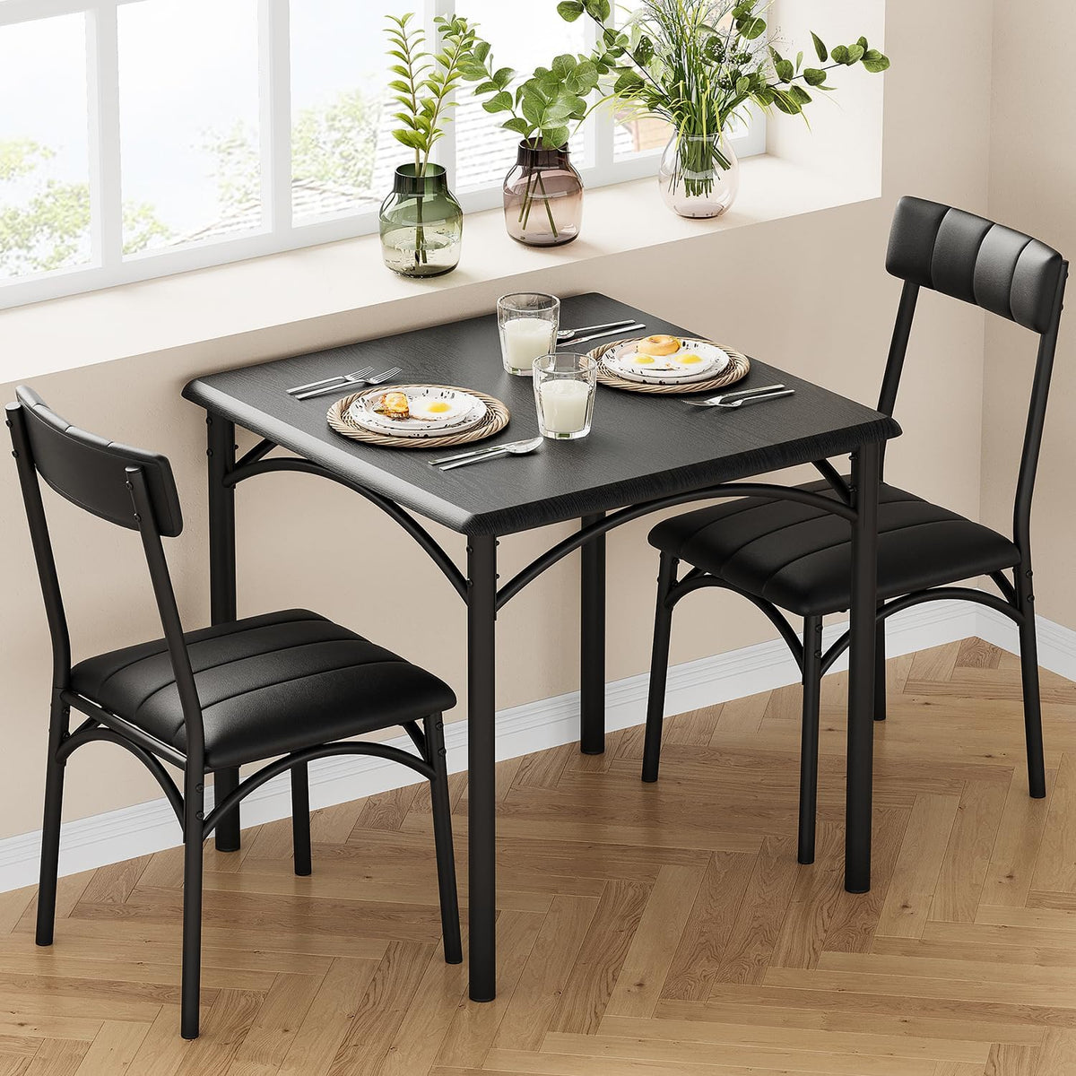 3-Piece Dining Table Set for 2, Kitchen Table Set with 2 Upholstered Chairs, Square Dining Table Set for Apartment, Studio, Small Space, Black