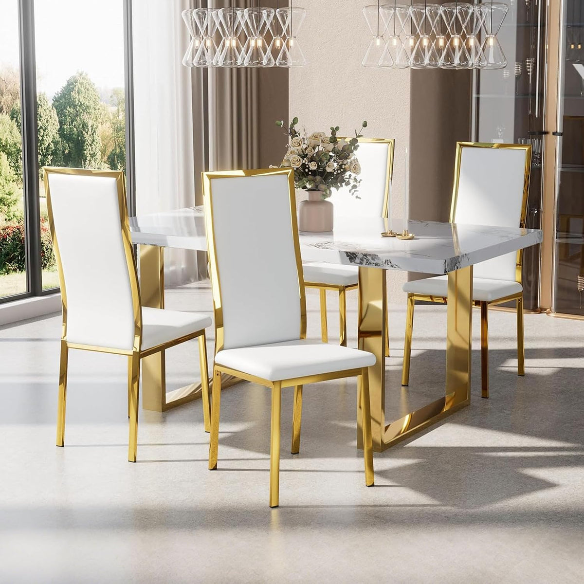 Modern Dining Chairs Set of 4 White Faux Leather with Chrome Gold Metal Legs, Curved High Back Design & Cloud Cushioning, Mid-Century Kitchen Chairs with Non-Slip Feet (Easy Assembly)