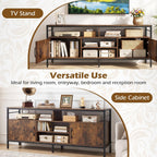 Tangkula Industrial TV Stand for TVs up to 65”, Entertainment Center with 2 Storage Cabinets & 4 Open Shelves, Wooden TV Cabinet with Raised Metal Legs, Media TV Console Table (Backless, Rustic Brown)