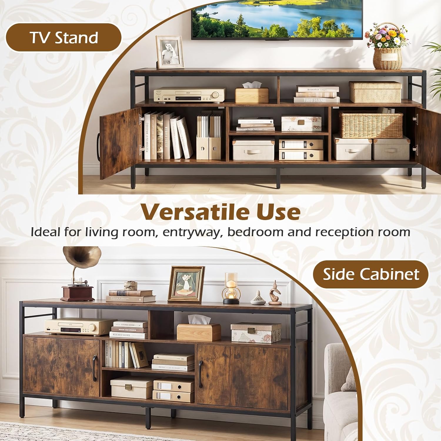 Tangkula Industrial TV Stand for TVs up to 65”, Entertainment Center with 2 Storage Cabinets & 4 Open Shelves, Wooden TV Cabinet with Raised Metal Legs, Media TV Console Table (Backless, Rustic Brown)