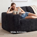 LIKIMIO Liorin Plush 71" Floor Loveseat Sofa Black Corduroy No Assembly | 2 Seater | High-Density Foam | 25.6" Deep Seat | 17.3" High Seat | Sofa in a Box | Ideal for Apartment/Living room