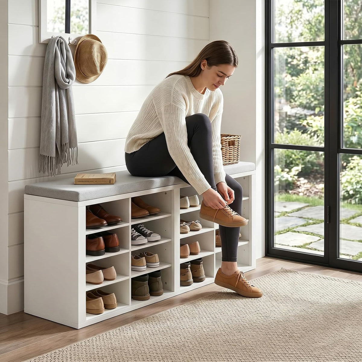 Shoe Rack Bench, Shoe Storage Bench with Cushion, Shoe Organizer 16 Cubbies for Entryway Hallway Bedroom Living Room, Holds Up to 400lbs