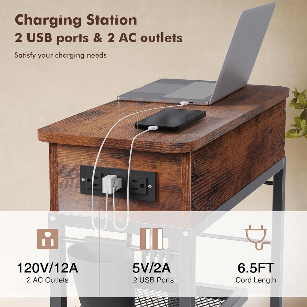 Colima Lift-Top Side Table with Charging Station - Mobile End Table with USB Ports & AC Outlets, Hidden Storage, Wheels - Rustic Wood Nightstand for Living Room, Bedroom, Office