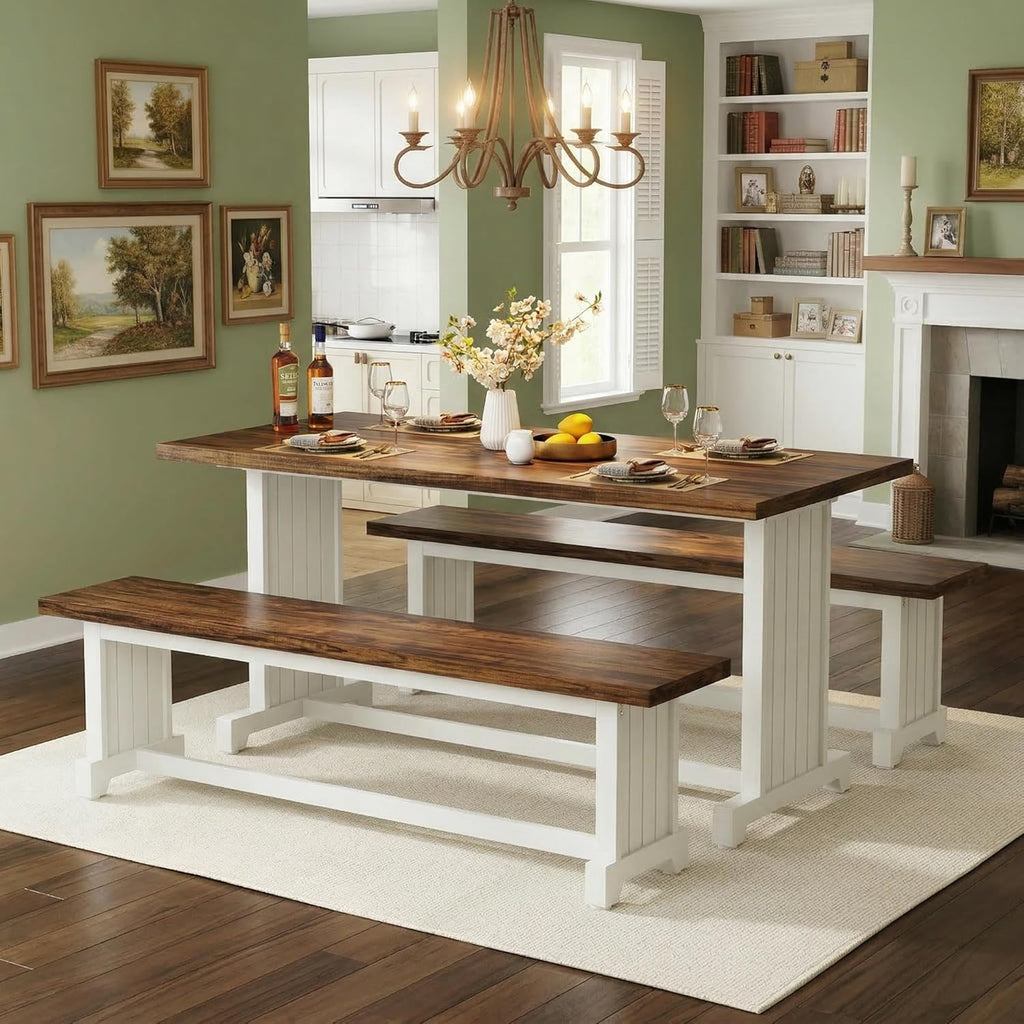Tribesigns 47" Dining Table Set for 4, 3-Piece Kitchen Room Table with 2 Benches, Farmhouse Wood Dinner Furniture for Small Space, Home Living Room, White & Rustic Brown