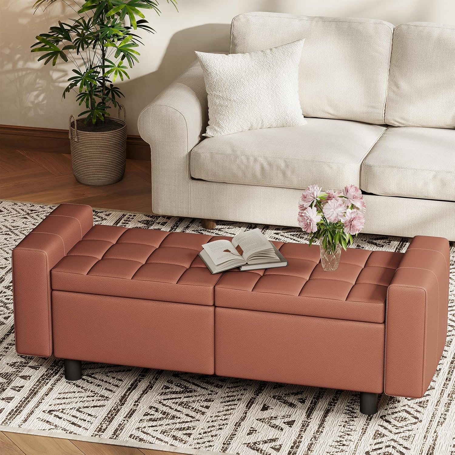 HOOBRO Ottoman with Storage, 46.7'' Storage Ottoman Bench with Safety Hinge, Storage Bench with Metal Legs, Synthetic Leather with Stitching Bench for Living Room, Entryway, Brown BR120CW01