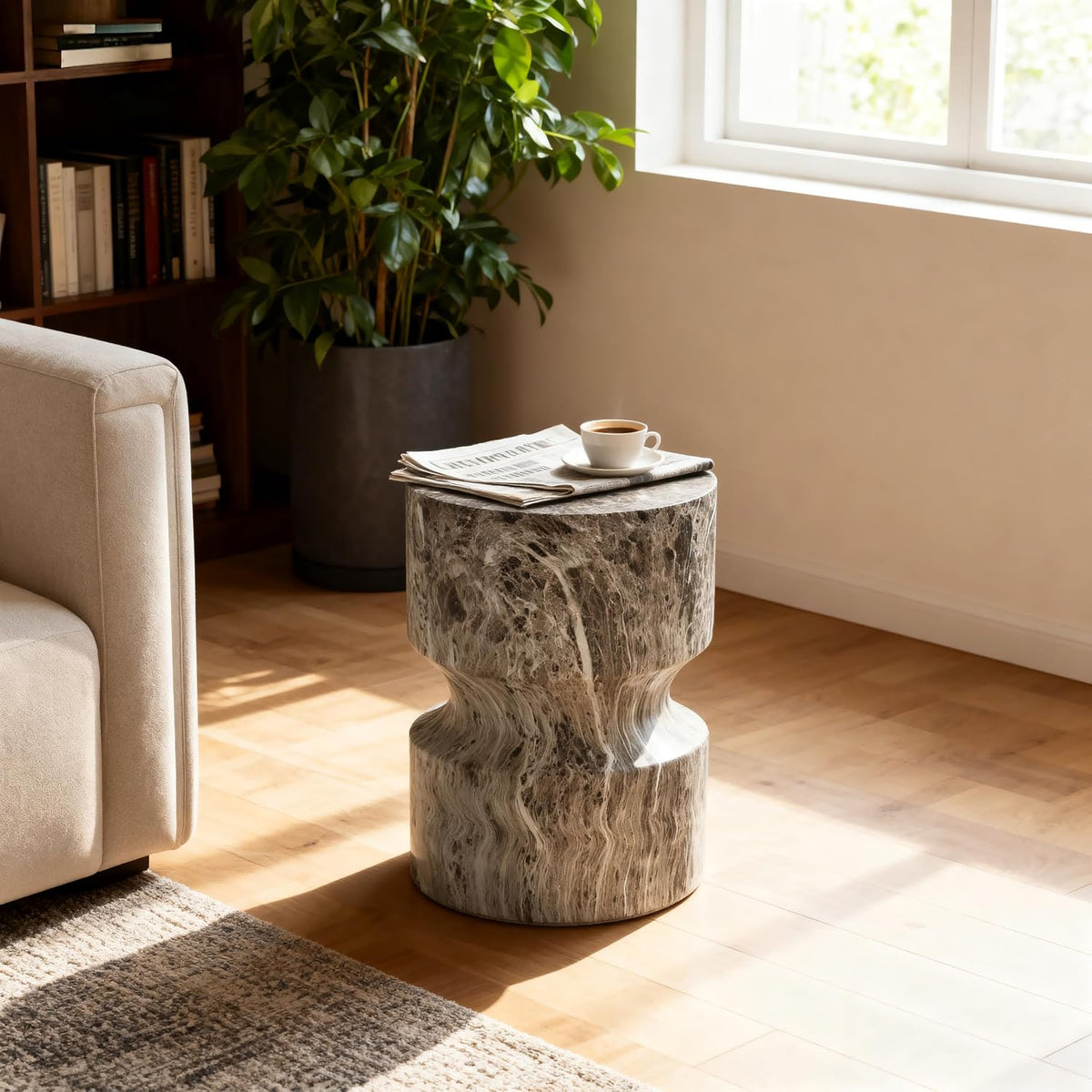 Modern End Table Cylindrical Side Table for Living Room,Farmhouse Nightstand with Faux Marble Texture and Magnesium Oxide Material for Small Space Living Room, Bedroom