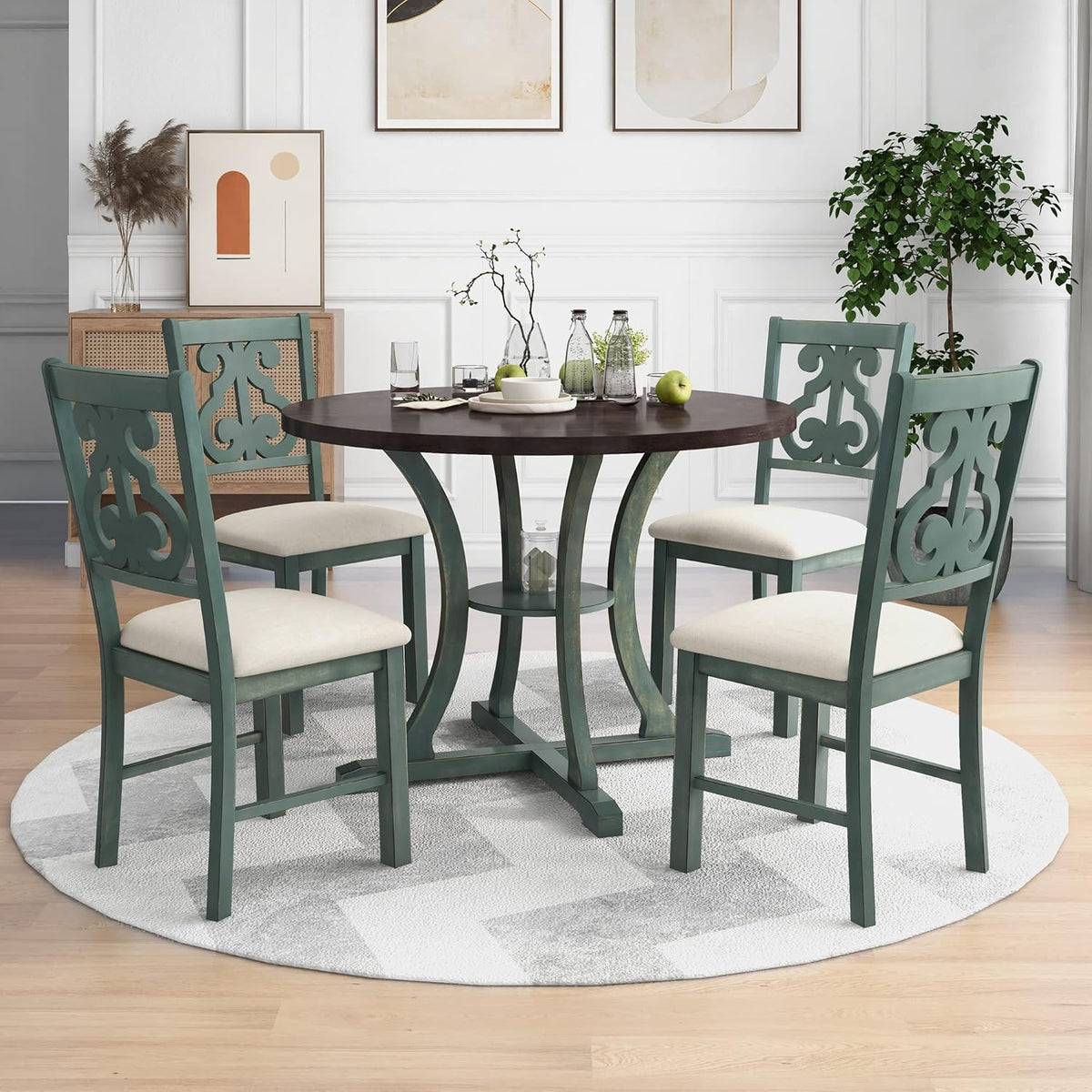 Merax 5 Piece Round Dining Table Set 4 Retro Chairs with Special-Shaped Table Legs, Designed Hollow Chair Back for Dining Room, Antique Blue