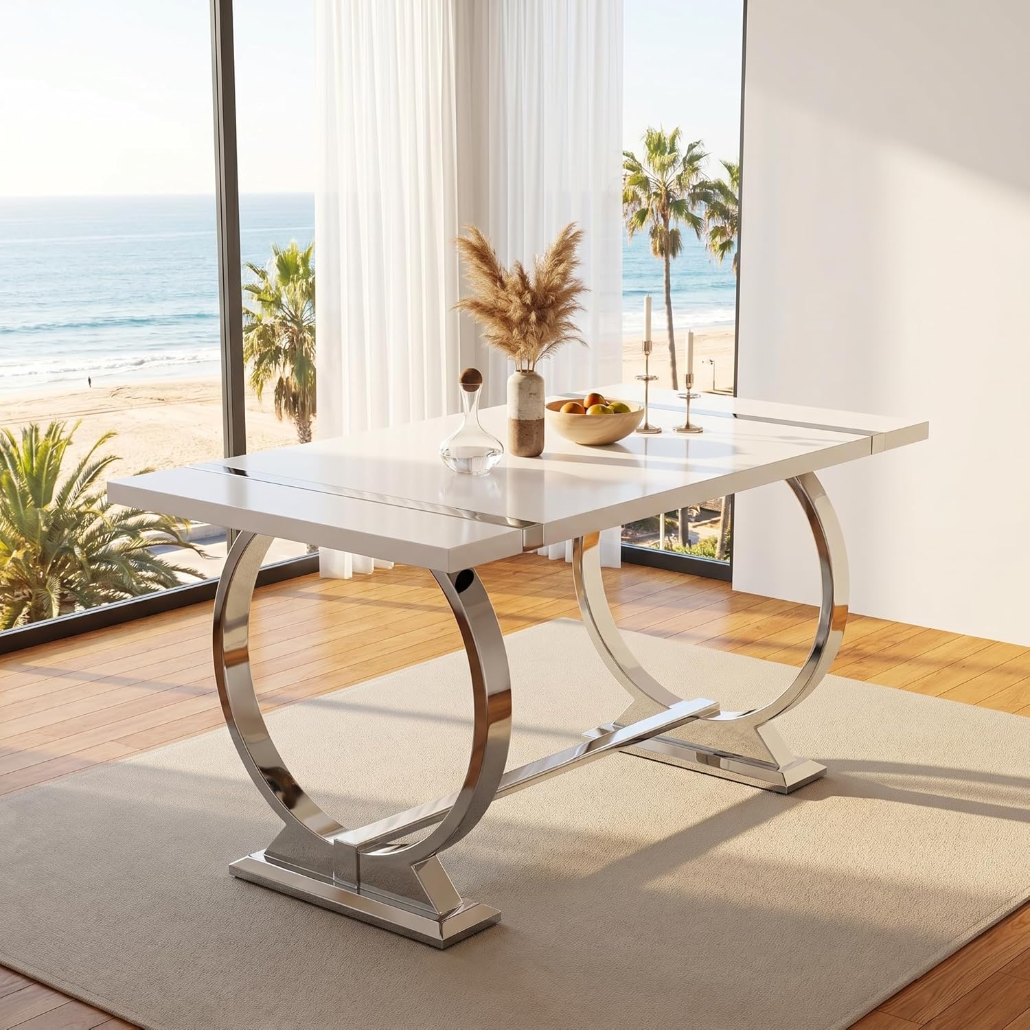 Asday 60" White and Silver Dining Table for 4-6, Modern Rectangle Wood Kitchen Table with Mirrored Chrome U-Shaped Metal Base for Dining Room, Kitchen, Dinner