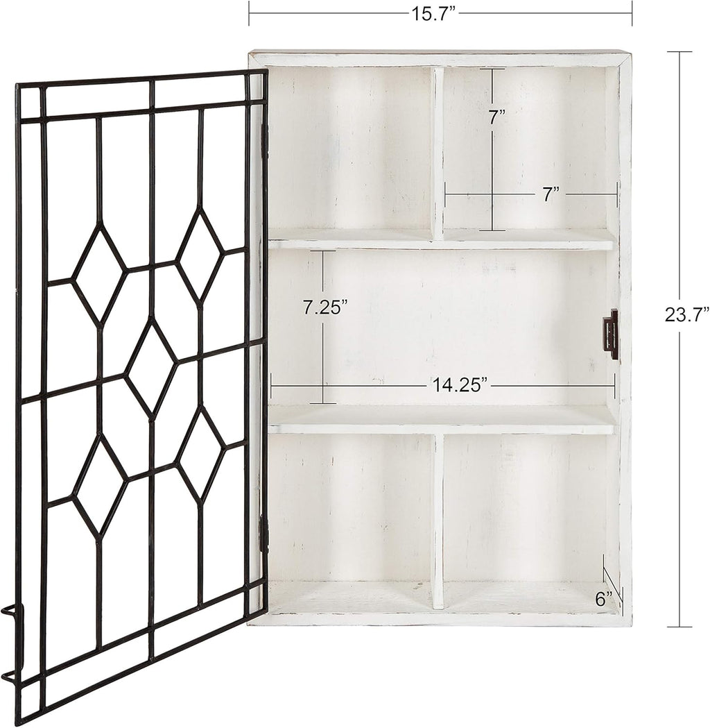 Kate and Laurel Megara Decorative Wooden Wall Hanging Curio Cabinet for Open Storage with Decorative Black Iron Door, Whitewash Finish